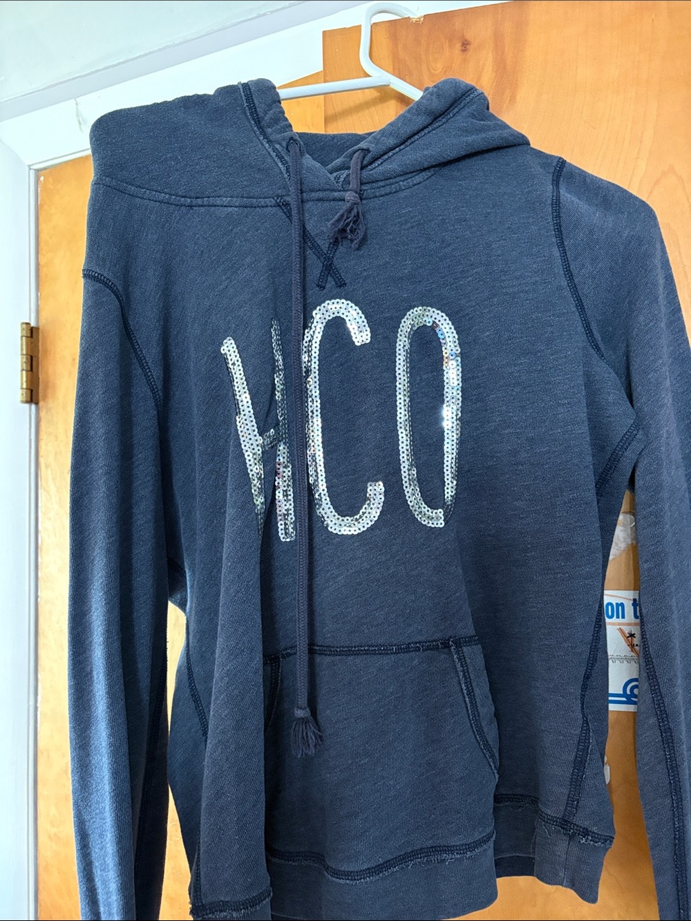Hollister Navy Blue Sequin VCO V-Neck Hoodie Sweater